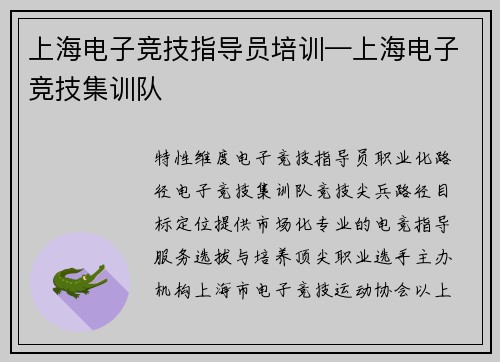 上海电子竞技指导员培训—上海电子竞技集训队